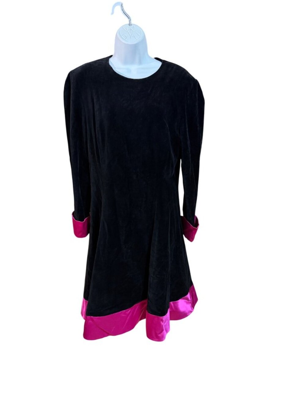 Escada Vintage Black Velvet Dress With Pink Satin Trim & Gold Button Accent Size